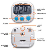 Wrenwane Digital Kitchen Timer (Upgraded), No Frills, Simple Operation, Big Digits, Loud Alarm, Magnetic Backing, Stand, White