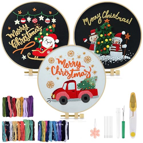 TINDTOP Christmas Embroidery Kit for Adult Beginners, 3 Sets Embroidery Stitch Practice kit Include Embroidery Cloth Hoops Threads for Craft Lover Hand Stitch