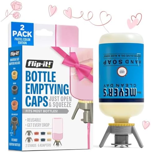 2-Pack Premium Bottle Emptying Kit - Valentines Day Gifts for Her - Fits Most Plastic Bottles – Get Out Every Drop of Shampoos, Lotions & More – 2 Base Caps, 6 Adapters – Pastel Color Edition