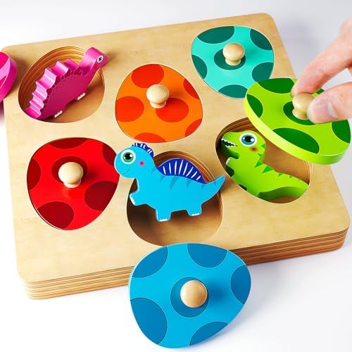 Wooden Puzzles for Toddlers 1-3, Montessori Toys for 1 2 Year Old Boy Girl Birthday Easter Gifts, Dinosaur Match Eggs Peg Puzzles, Preschool Learning Toys for Toddlers Age 1-2