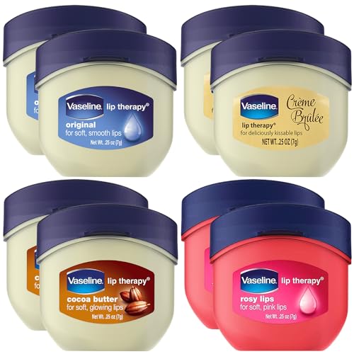 Vaseline Lip Therapy Variety 8-Pack – Original, Crème Brûlée, Rosy Lips, Cocoa Butter Mini Lip Balms for Soft, Glowing, and Deliciously Kissable Lips, 0.25 Oz Ea
