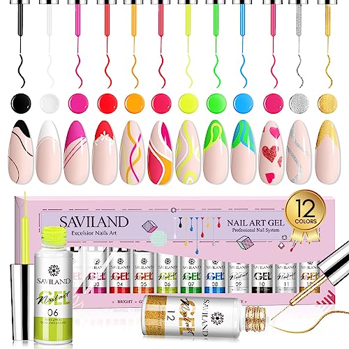 Saviland Gel Paint Nail Polish Set - Gel Liner Nail Art Polish Set 12 Colors Gel Paint Set with White Red Silver Gold Nail Painting Drawing UV/LED Gel for Line Pulling, Nail Polish Drawing