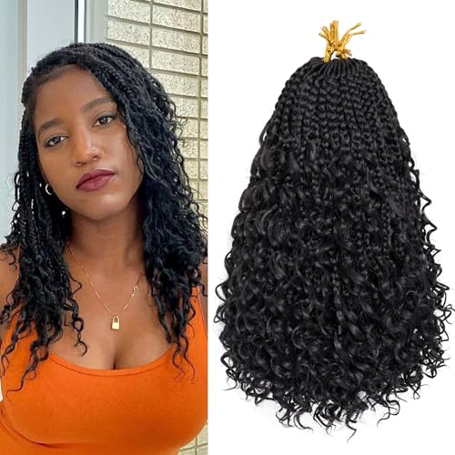 Goddess Box Braids Crochet Hair 12 Inch 8 Packs Pre-looped Bohemian Crochet Boho Box Braids With Curly Ends 3X Crochet Braids for Women Synthetic Braiding Hair (12 inch, #1B)
