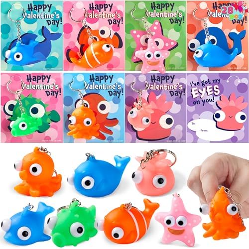 JOYIN 28 Packs Valentine's Day Gift Cards with Sea Animal Unzip Popping Eyes Keychains for Kids Party Favor Prizes, Classroom Exchange Gifts, Valentine’s Greeting Cards