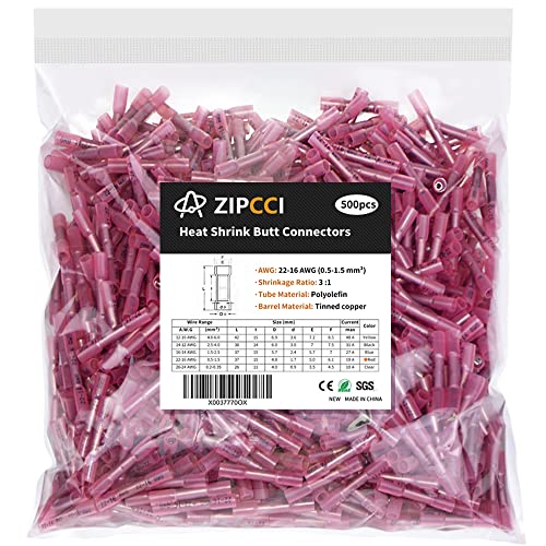 22-16 AWG Heat Shrink Butt Connectors - 500Pcs Red Crimp Waterproof Electrical Cable Wire Connector Speaker Automotive Marine Grade Wire Crimp Terminals Insulated Butt Splices