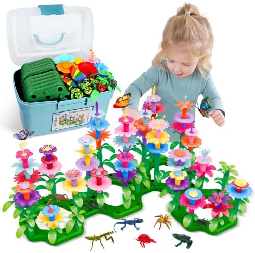 Birthday Toys Gifts for 2 3 4 5 6 Years Old Toddler Girls Boys, 156 PCS Insect Flower Garden Building Educational STEM Learning Pretend Play Gardening Set, Easter Gifts for Preschool Kids Age 2+
