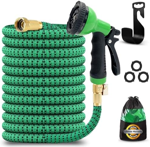 J&B XpandaHose 100ft Expandable Garden Hose with Holder - Heavy Duty Superior Strength 3750D - 4 -Layer Latex Core - Extra Strong Brass Connectors and 10 Spray Nozzle w/Storage Bag (Green 100)