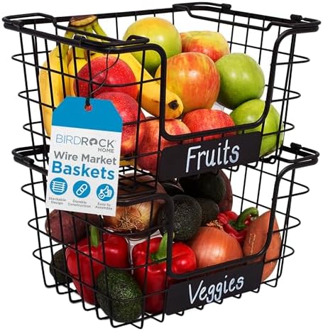 BIRDROCK HOME Stacking Wire Market Basket w/Chalk Label - Metal Storage Bin - Kitchen Counter, Pantry Cabinet, Shelves | Fruit, Vegetables, Bread, Onions, Potatoes & Snack - Metallic Black - Set of 2