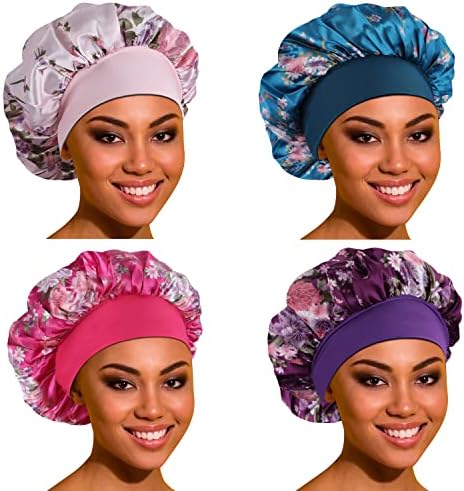 Satin Bonnet Hair Bonnet for Sleeping- 4 Pack Large Silk Bonnets for Black Women with Elastic Soft Band for Hair Care