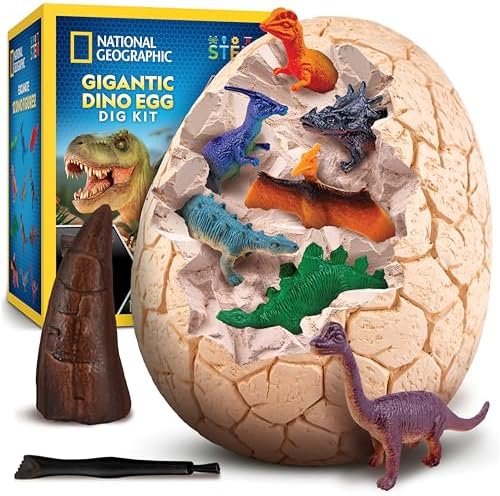 National Geographic Jumbo Dinosaur Egg Dig Kit - Uncover 12 Dino Figures & T. Rex Tooth from 15 cm Egg, Educational Science Kit