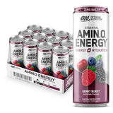 Optimum Nutrition Amino Energy Sparkling Hydration Drink, Electrolytes, Caffeine, Amino Acids, BCAAs, Sugar Free, Berry Burst, 12 Fl Oz, 12 Pack