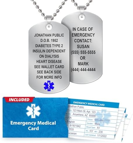 Medical Alert Necklace for Men – Customizable Laser Engraved ID Dog Tag with 18 Lines, Stainless Steel Emergency Medical Jewelry, 27” Beaded Chain with Medical Card & Personal Health Record Access