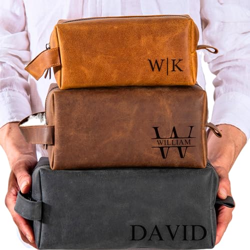 Personalized Leather Toiletry Bag for Men - Shaving Dopp Kit with Name & Initial - 4 Canvas & 12 Designs - Ideal Gift for Husband, Dad, Boyfriend for Anniversary, Birthday & Christmas-Handmade in USA