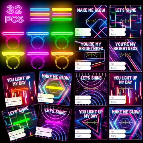 32 Packs Valentine Day Glow in the Dark LED Light Up Sticks Rings Fun Party Favors for Kids Birthday Decorations School Classroom Prizes Surprise Toys and Novelty Gifts Supplies