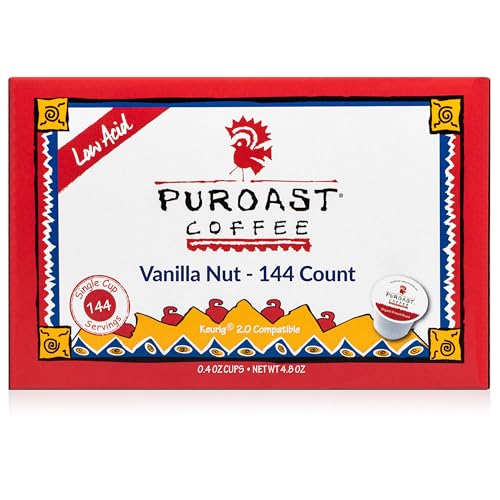 Puroast Low Acid Coffee| Vanilla Nut Single Serve Pods | Medium Roast | High Antioxidants & High pH |No Bitter Aftertaste | Reduced Heartburn & GERD Friendly | 144 Count - Compatible with Keurig Brewer