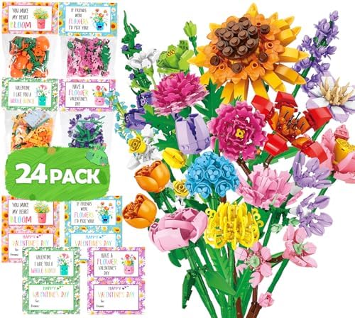 Valentines Day Gifts for Kids Teens, 24 Packs Flower Bouquet Building Blocks with Valentines Day Cards for School Boys Girls, Artificial Wildflower Botanical Exchange Gift Classroom Prize Party Favor