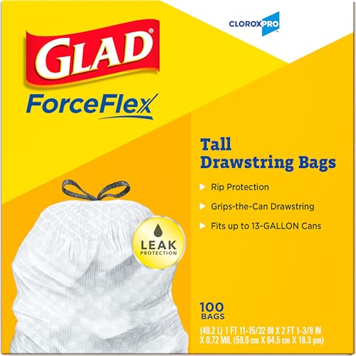 Glad Tall Kitchen Drawstring Trash Bags, 13 Gallon, White, Unscented,100 Count (Package May Vary)