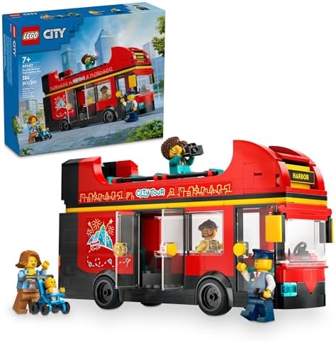 LEGO City Red Double-Decker Sightseeing Bus Toy Vehicle Set, Birthday Gift for 7 Year Olds, London Bus, for Kids, Double-Decker Bus Toy, 5 Characters Including a Baby and Stroller, 60407