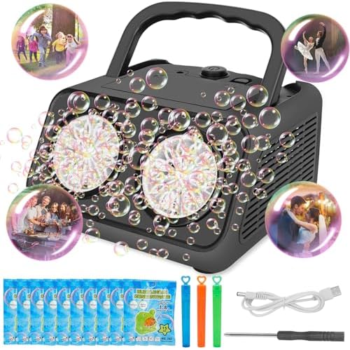 Automatic Bubble Machine,Bubble Blower with 2 Fans 20000+Bubbles Per/Min,Electric Bubble Maker for Kids Toddlers,Operated by Plug-in or Batteries,with 10xBubble Solution,Bubble Toys for Outdoor