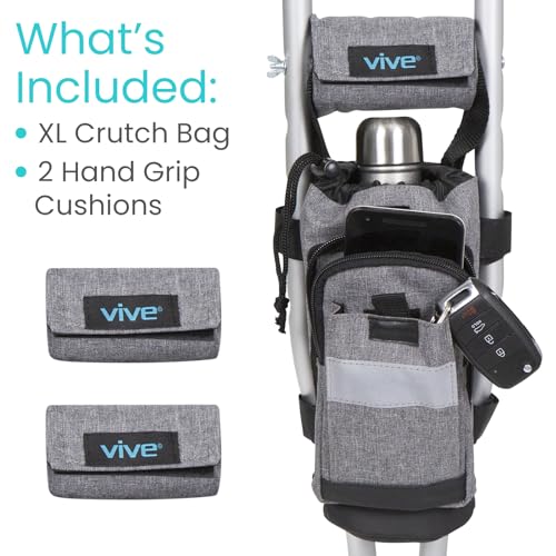 Vive Crutch Accessories Bag and Hand Grip Cushions, Water-Resistant Premium Pouch for Crutches, with Drink Holder Phone Holder, 3 Pockets, Lightweight