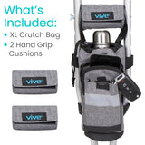 Vive Crutch Accessories Bag and Hand Grip Cushions, Water-Resistant Premium Pouch for Crutches, with Drink Holder Phone Holder, 3 Pockets, Lightweight