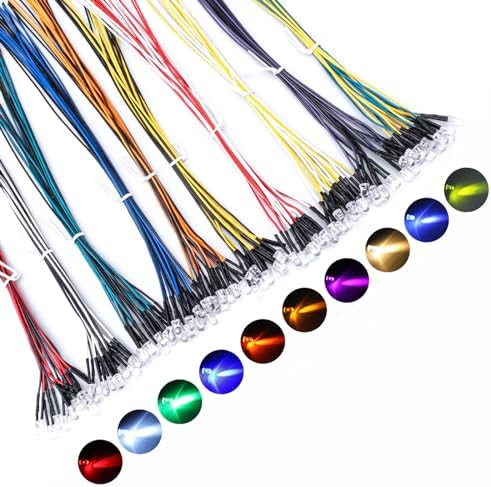 DiCUNO 100Pcs (10 Colors × 10Pcs) 5MM Pre Wired 12V LED Diodes, 9.4 Inch/24CM Ultra Bright Light Emitting Diodes Assorted Color Kit Box for Circuit Science Experiment, DIY Lighting Projects