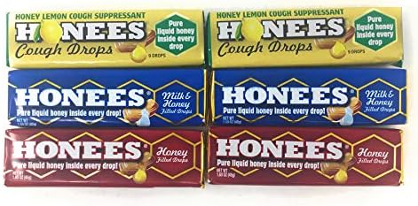 Honees Honey Filled Drops, Variety Pack (Honey, Milk & Honey, and Honey Lemon)-Natural Sore Throat Relief - Throat Lozenges, Nothing Artificial - Non-GMO, Gluten Free (6 Pack-54 Drops)