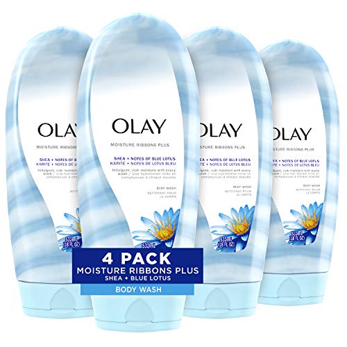 Olay Moisture Ribbons Plus Shea + Notes of Blue Lotus Body Wash, 18 Fl Oz, Pack of 4