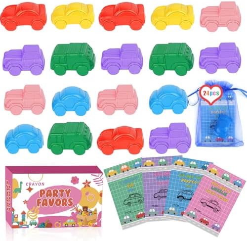 ONEHAUS 24 Pcs Valentines Cards Kids with Car Shaped Crayon - Boys Valentines Day Gifts for School Classroom, Perfect Valentines Class Party Favors for Toddler, Girls and Boys
