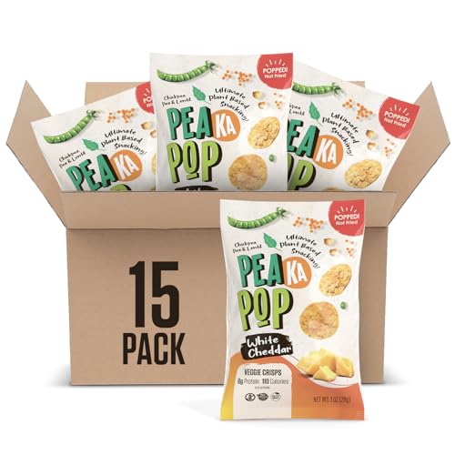 PeaKaPop Veggie Chips – Plant-Based, Healthy Veggie Crisps with Pea, Lentil & Chickpea Protein – Gluten-Free, Popped Chips – Snack Size for Kids & Adults – 1 oz Bags (15-Pack) – White Cheddar