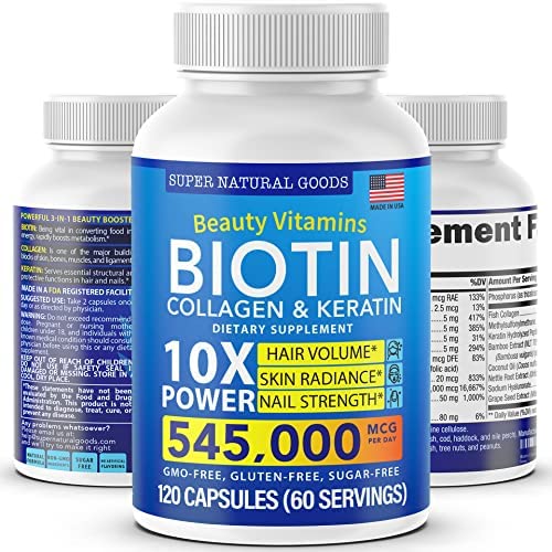 Biotin and Collagen Vitamins + Keratin with Folate - Hair Loss Treatments for Women & Men - Hair, Skin and Nails Supplements for Hair Growth & Postpartum Support - GMO Free & Gluten Free (120 Caps)