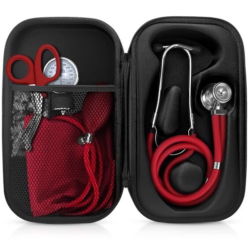 ASA TECHMED Medical Starter Kit - Stethoscope, Durable Blood Pressure Monitor, and EMT Shears and Protective Carrying Case Ideal for Healthcare Professionals, Red
