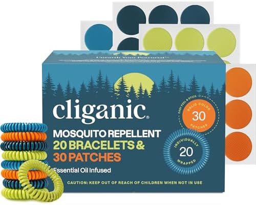 Cliganic Mosquito Repellent Pack (20 Bracelets + 30 Stickers) - for Kids & Adults, Natural DEET-Free, Essential Oil Infused
