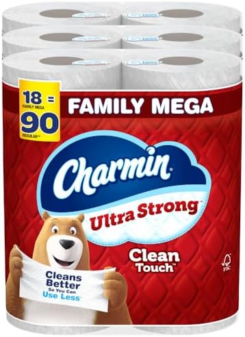 Charmin Toilet Paper Ultra Strong Clean Touch, 18 Family Mega Rolls = 90 Regular Rolls (Packaging May Vary), Household Essentials, Bathroom Essentials