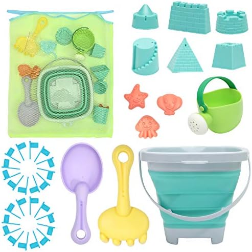 Beach Toys Sand Set for Kids, Collapsible Bucket and Shovels with Mesh Bag, Molds, Flags, Sandbox Kids Toddlers, Travel (Tavel Size)