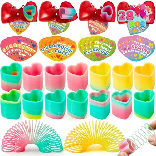 JOYIN 28 Packs Valentines Day Gift for Kids Rainbow Springs Filled Hearts with Valentine’s Day Cards Mini Plastic Coil Spring Toy for Kids Valentine Party Favors Gift Classroom Exchange & Game Prizes
