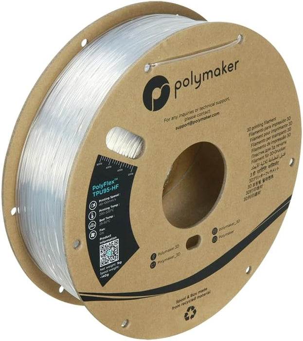 Polymaker High Flow TPU Filament 1.75 Clear, Shore 95A Flexible Filament 1.75mm, 1kg Cardboard Spool - PolyFlex TPU95-HF TPU Filament 1.75mm Soft Filament Flexible
