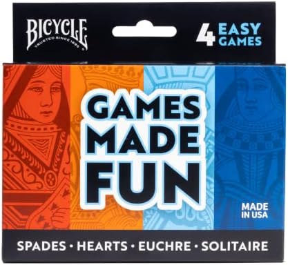 Bicycle 4 Playing Card Games in 1: Euchre, Hearts, Spades, and Solitaire (4 Card Game Pack)