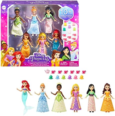 Mattel Disney Princess Toys, Small Doll Party Set with 6 Posable Dolls in Sparkling Clothing & 13 Tea Time Accessories