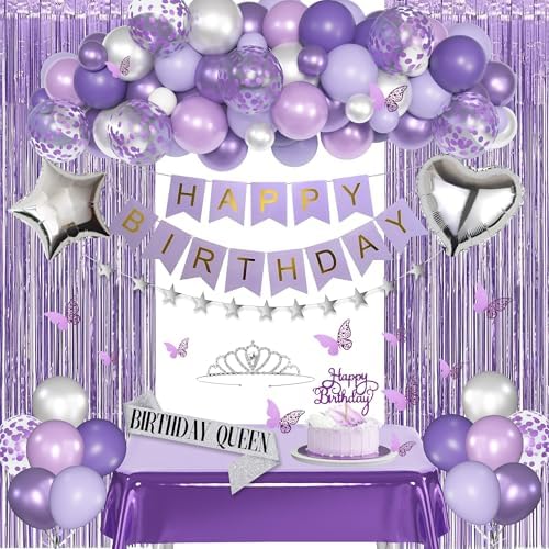 Purple Birthday Decorations for Women Girls, Lavender Purple Silver Foil Balloons Table Cloth Sash Crown Fringe Curtains Happy Birthday Banner Glitter Star Garland Butterfly Cake Topper Party Supplies