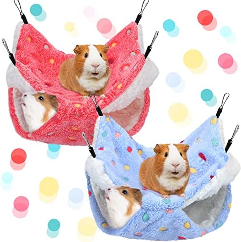 BOAO 2 Pcs Guinea Pig Rat Hammock Guinea Pig Hamster Ferret Hanging Hammock Accessories for Small Animals Chinchilla Parrot Sugar Glider Ferret Squirrel(Rose Color, Blue, Dot Pattern)