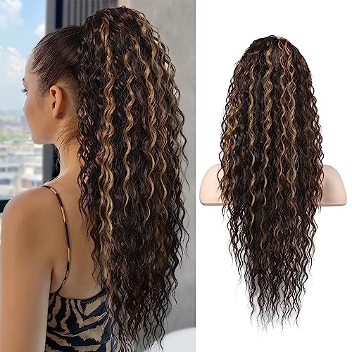 SEIKEA Ponytail Extension, PT005 Isabella 26" Long Bohemian Curly Highlight Drawstring Ponytail Multi Layered Light Fluffy Clip in Hair Extensions Ponytail Chocolate Brown Caramel Blonde Highlights