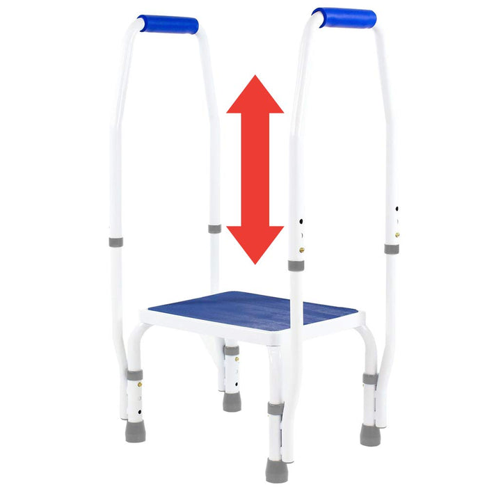 Platinum Health AdjustaStep(tm) Bariatric DoubleSafe Deluxe Step Stool/Footstool with Dual Handle/Handrail, Height Adjustable. Modern White/Blue Design. Padded Non-Slip Hand Grips