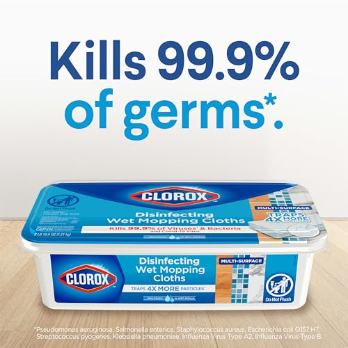 Clorox Disinfecting Wet Mop Pad, Disposable Mop Heads, Multi-Surface Floor Wipes, Rain Clean, 2 Packs, 24 Wet Refills Per Pack (Package May Vary)