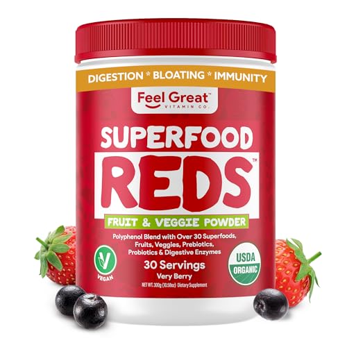 Feel Great USDA Organic Superfood Reds Powder Polyphenols Supplement | Digestive Support Including Bloating Relief | Fruit and Veggie Supplement.