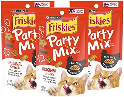 Purina Friskies Party Mix Cat Treats, Original Crunch with Chicken & Flavors of Liver & Turkey, Cat Treats for Adult Cats, 2.1-Ounce Pouch (Pack of 3)