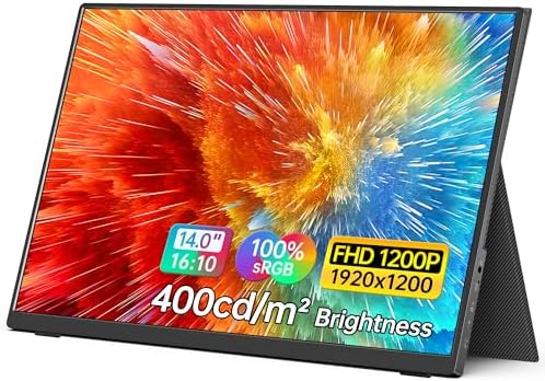 MNN Portable Monitor 14 inch FHD 1920 * 1200P USB C HDMI Ultra-Slim IPS Travel Display w/Smart Cover & Speakers, HDR Plug&Play, External Monitor for Laptop PC, Phone,Mac(400cd/m² Brightness)