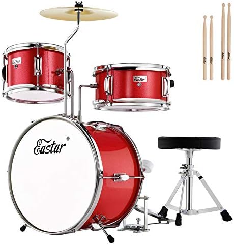 Eastar Drum Set for Kids and Beginners, 3-Piece 14'' Drum Kit with Adjustable Throne, Cymbal, Pedal & Two Pairs of Drumsticks, Junior Drum Set with Bass Tom Snare Drum, Metallic Red