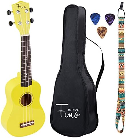 FINO Beginner Ukulele 21 Inch Soprano Ukelele for Kids Four String Wood Children Ukulele with Gig Bag (Yellow)
