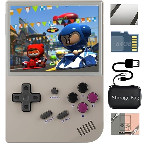 Anbêrnic RG35XX Handheld Emulator Pocket Retro Handheld Game Console, Built-in 64G TF Card 5474 Classic Games 3.5 Inch IPS Screen Linux System Support HDMI TV Output (RG35XX-Grey+Bag)